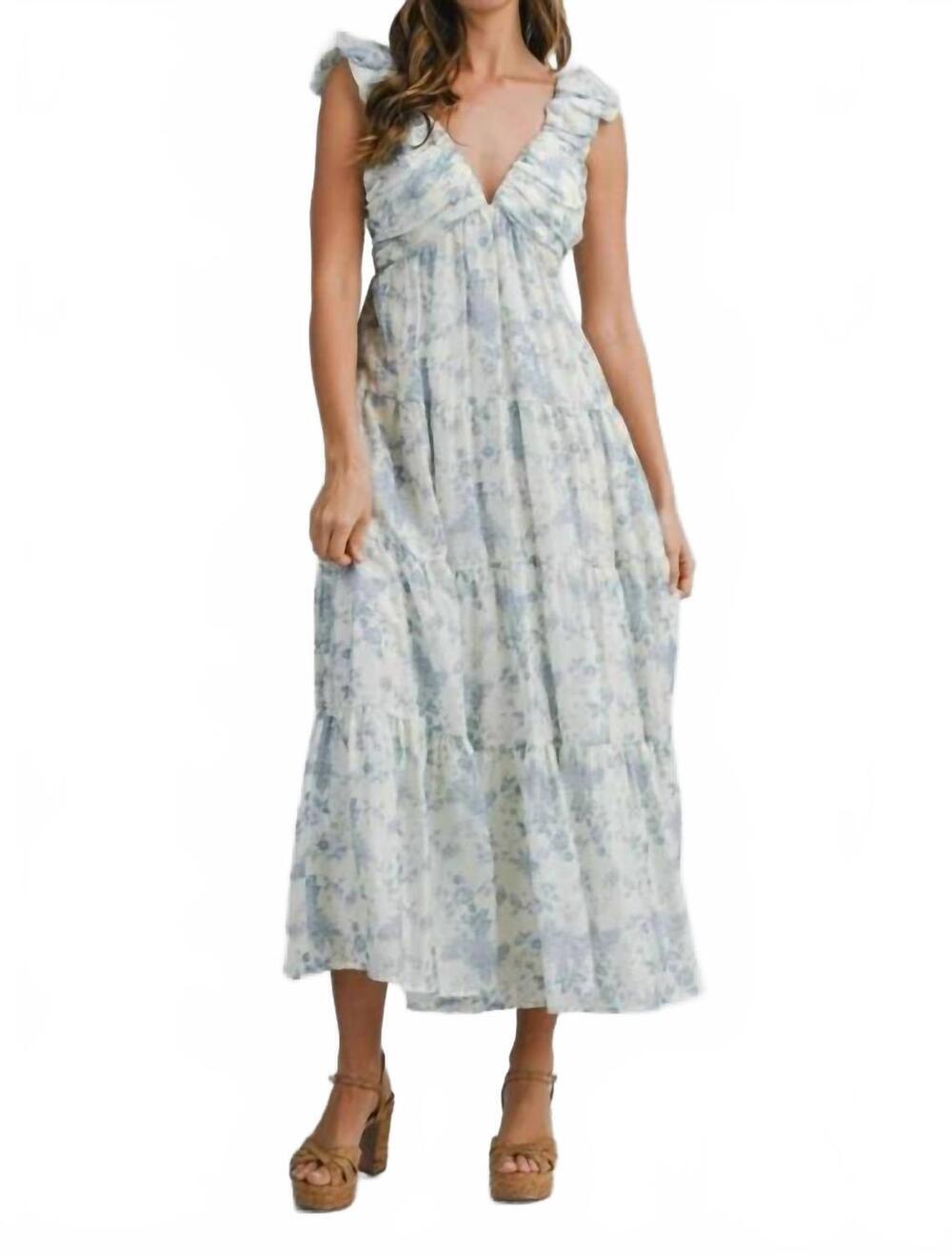 NEW MABLE floral print ruched pleated detail midi dress in blue